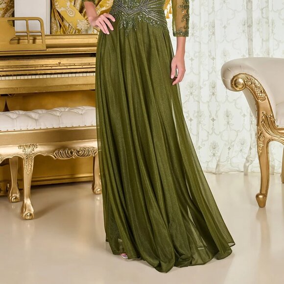New Olive Beads Embellished A-Line Maxi Mesh Mother Of Bride Dress GL3787 - Picture 9 of 14